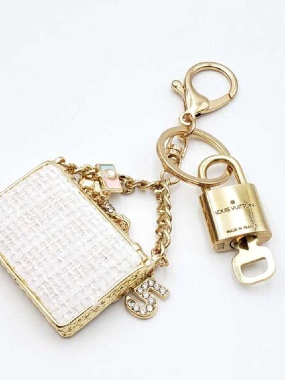Authentic Louis Vuitton Padlock & Key Gold ✨Unbranded Tweed Bag Charm Keychain - Picture 7 of 8